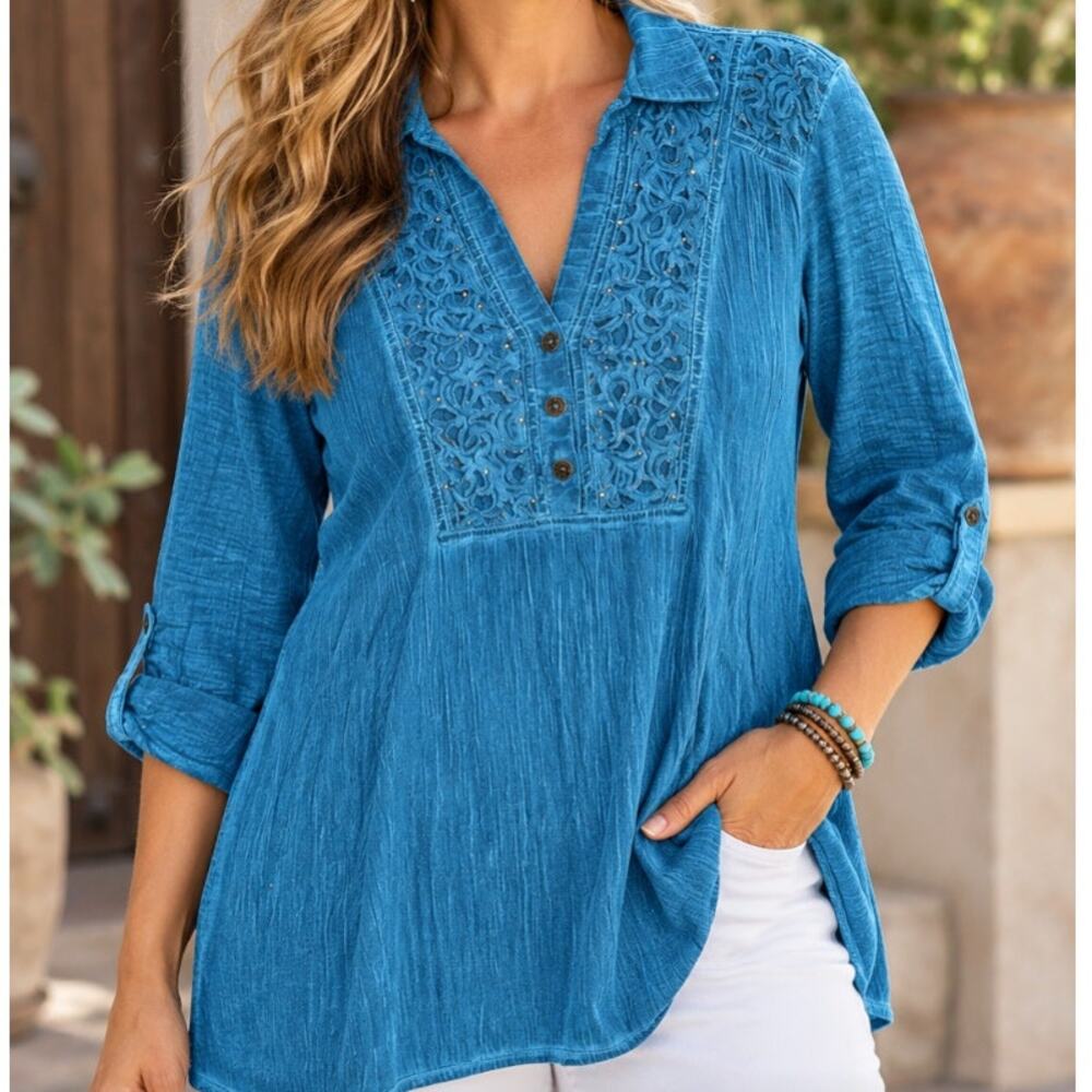 Reba Tunic Top SZ M Garment Dye Turquoise Filigree Lattice Studded Boho Western